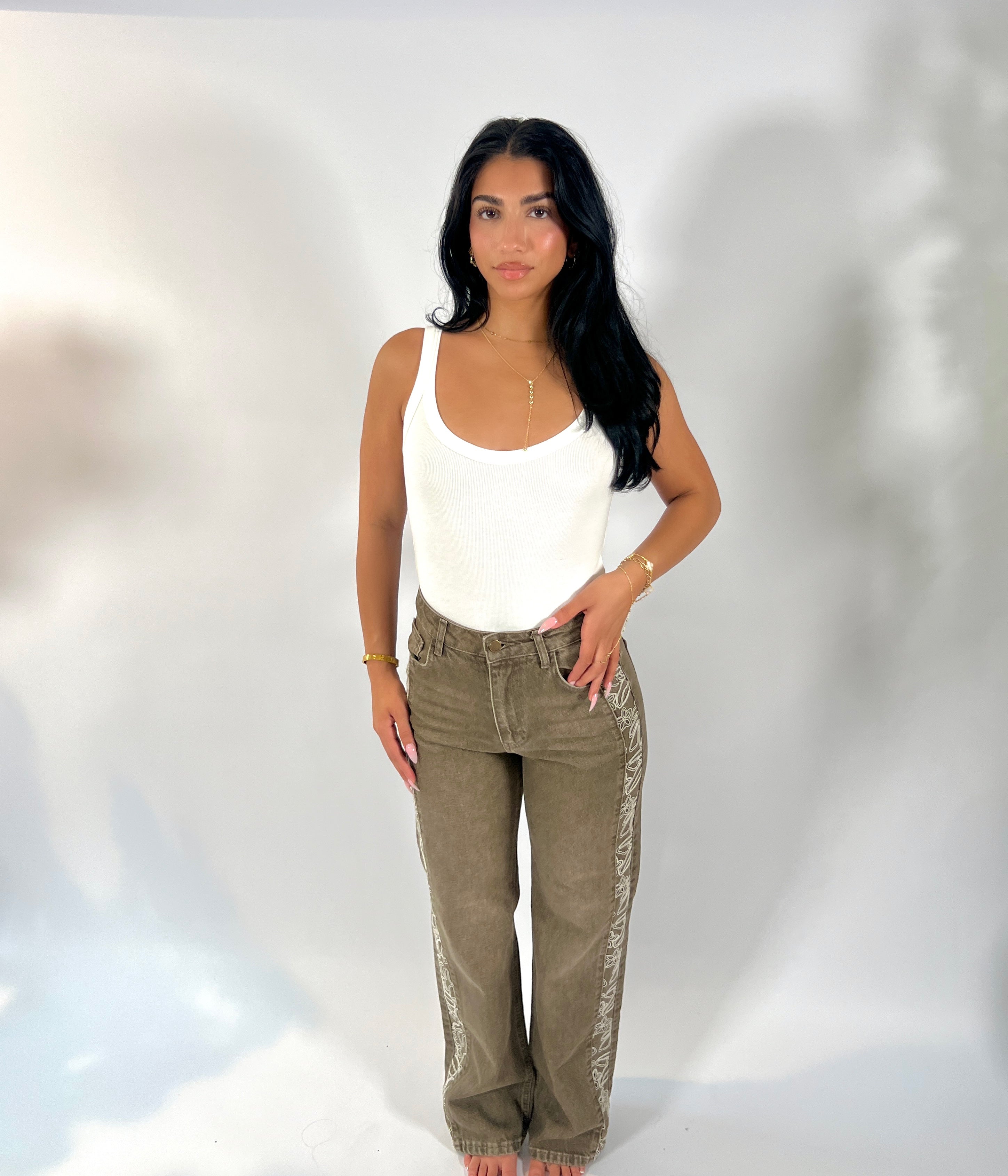 Olive Embroidered Jean